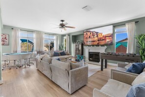 TV, fireplace, foosball, table tennis