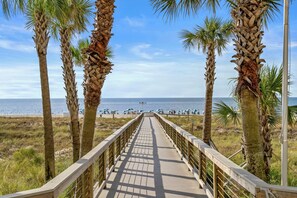 Une promenade en bois menant à une plage bordée de palmiers, sous un ciel dégagé.