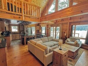 Smart TV, fireplace, books, stereo