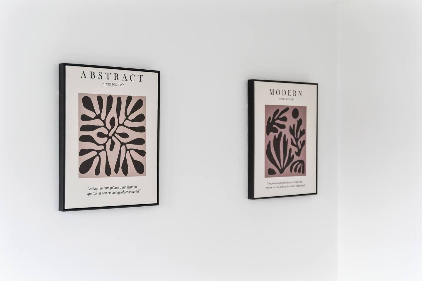 Two framed abstract art pieces titled 'Abstract' and 'Modern' with accompanying text.