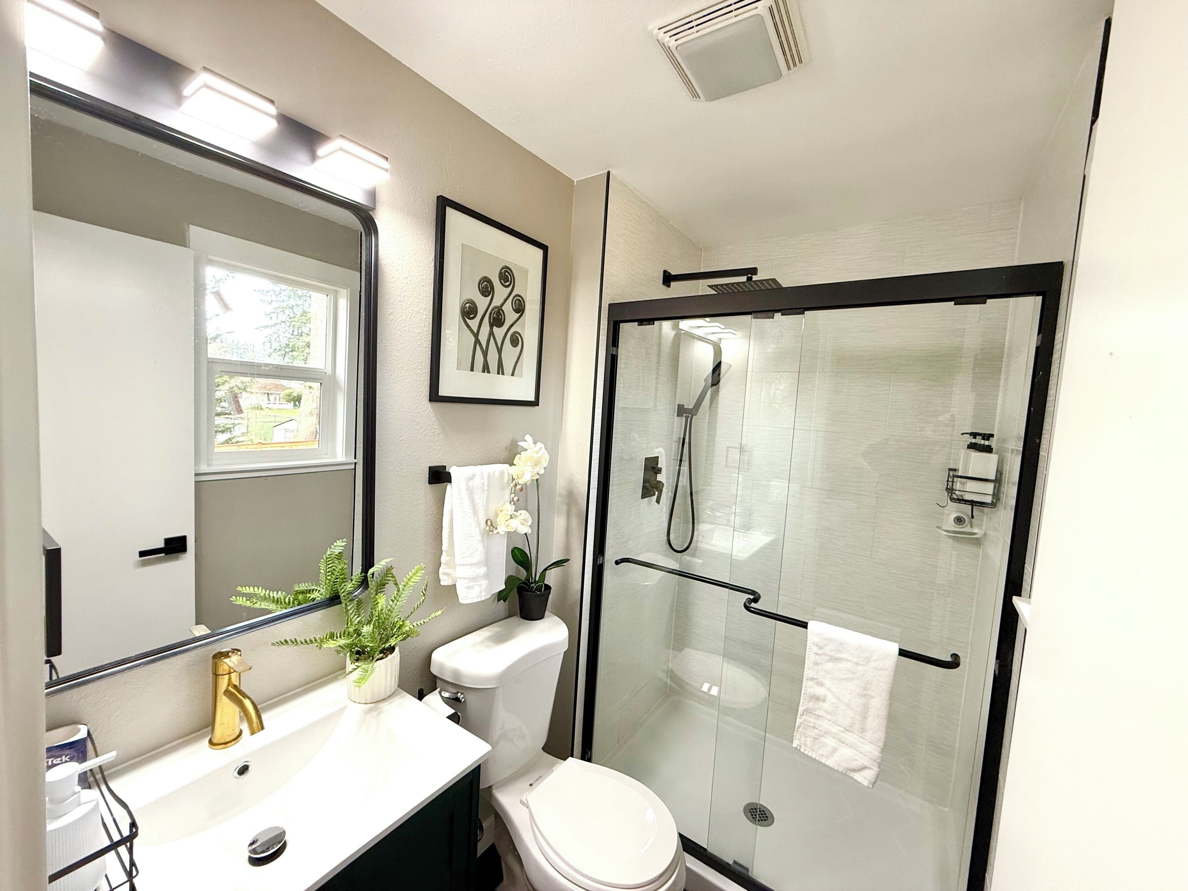Shower, hair dryer, towels, soap