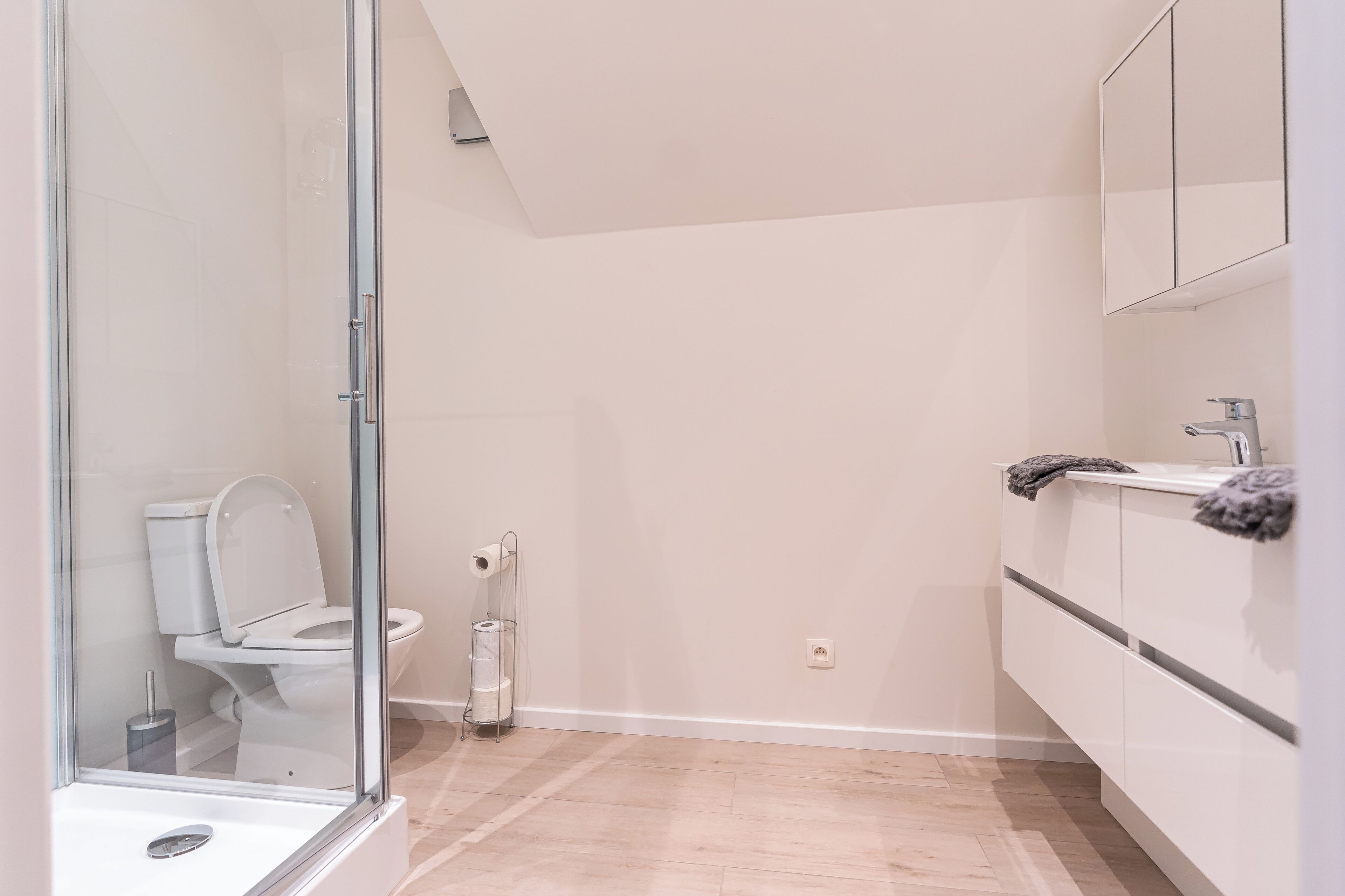 Shower, eco-friendly toiletries, hair dryer, towels