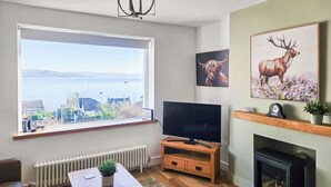 Een woonkamer met een groot raam, een open haard, een televisie en een bank.