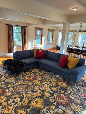 TV, fireplace, books