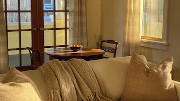 TV, fireplace, books