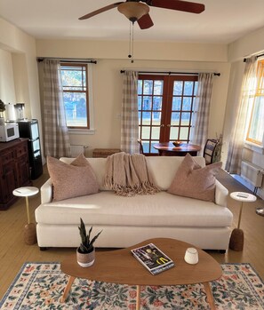 TV, fireplace, books