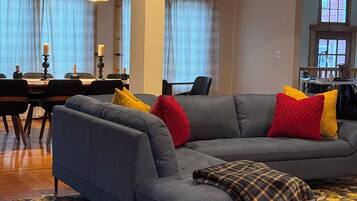TV, fireplace, books