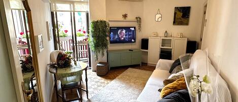 Una Smart TV, libros, una biblioteca de música, una videoteca