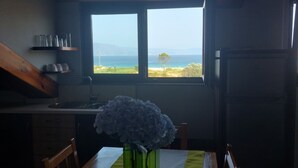 Ett kök med utsikt över havet, ett matbord med stolar och en vas med blommor.