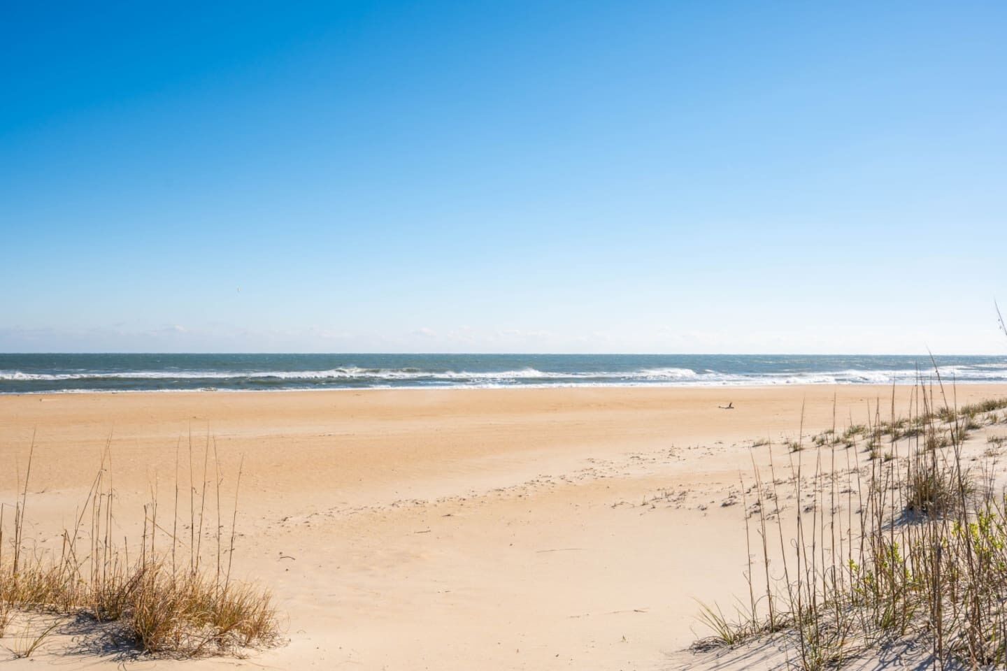 A beach with sand and sparse vegetation.