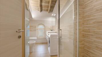 Regadera, secadora de cabello, toallas