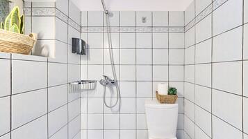 Ein Badezimmer mit weißen Fliesen, einer Dusche, einer Toilette, einem Seifenspender und einer kleinen Pflanze.