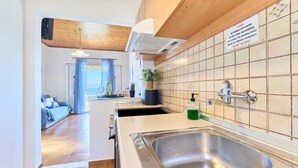 Eine moderne Küche mit Spüle aus Edelstahl, einer gefliesten Spritzschutzwand und einem Deckenventilator.