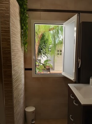 Shower, hair dryer, towels