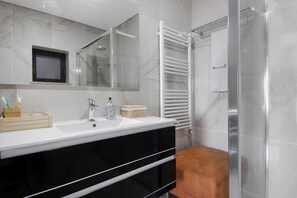 Shower, hair dryer, towels