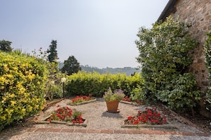 A garden with a gravel path, potted plants, and a stone wall. - Apartment 'Il Conte' with Shared Pool and Shared Garden (Massarosa)
