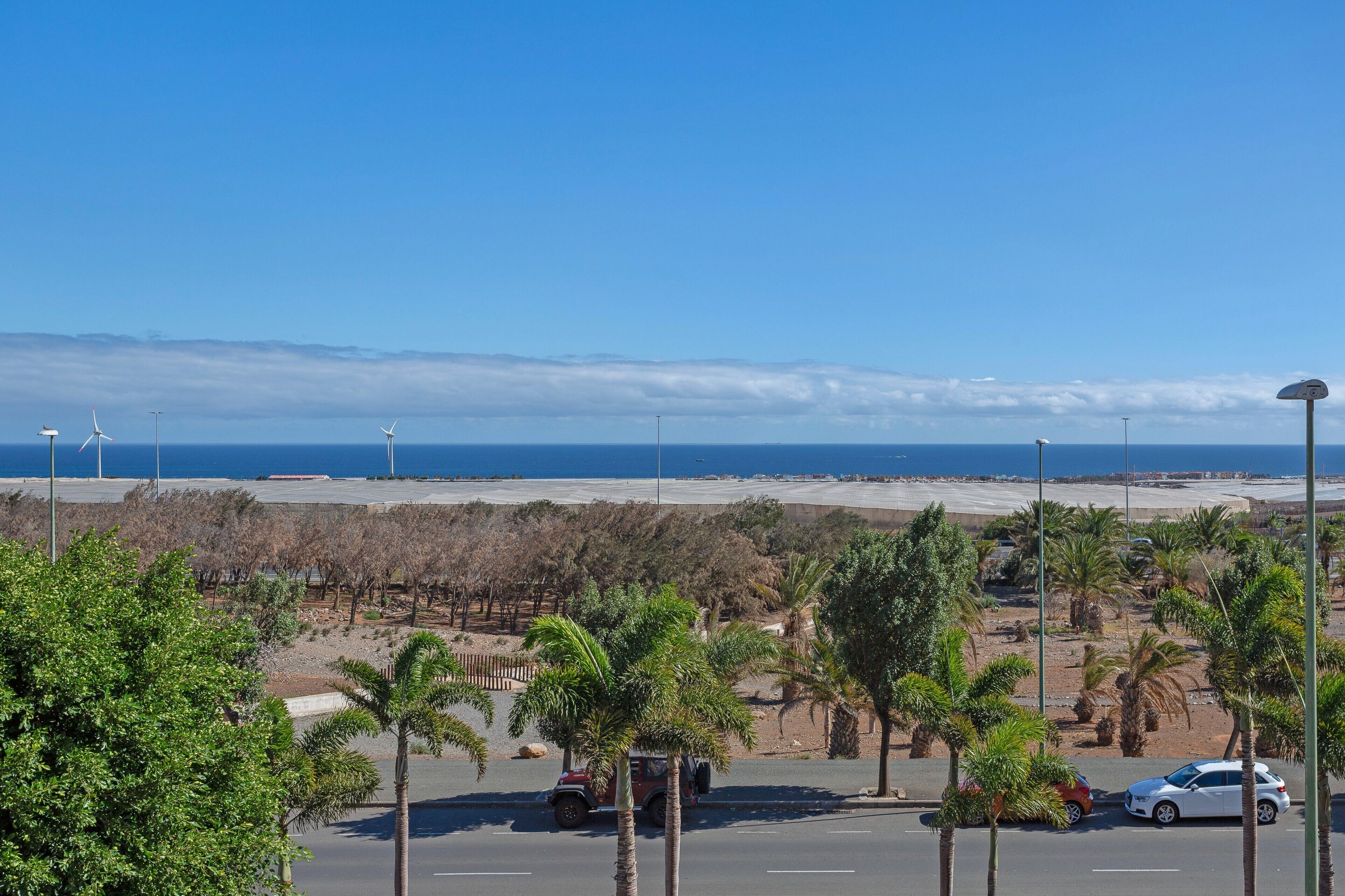 Vista costera con aerogeneradores, un estacionamiento con coches y palmeras.