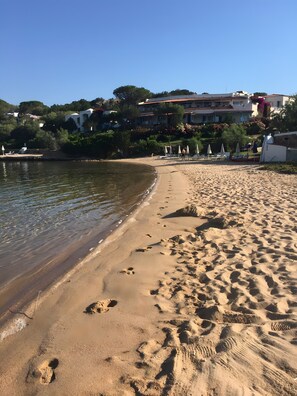 Une plage de sable avec des empreintes, une mer calme et des bâtiments en arrière-plan.