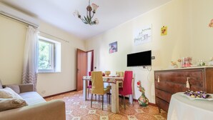 A room with a sofa, dining table, TV, and decorative items.