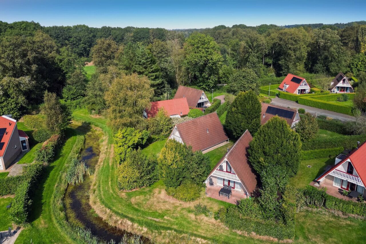 A rural area with several houses surrounded by lush greenery and a river.