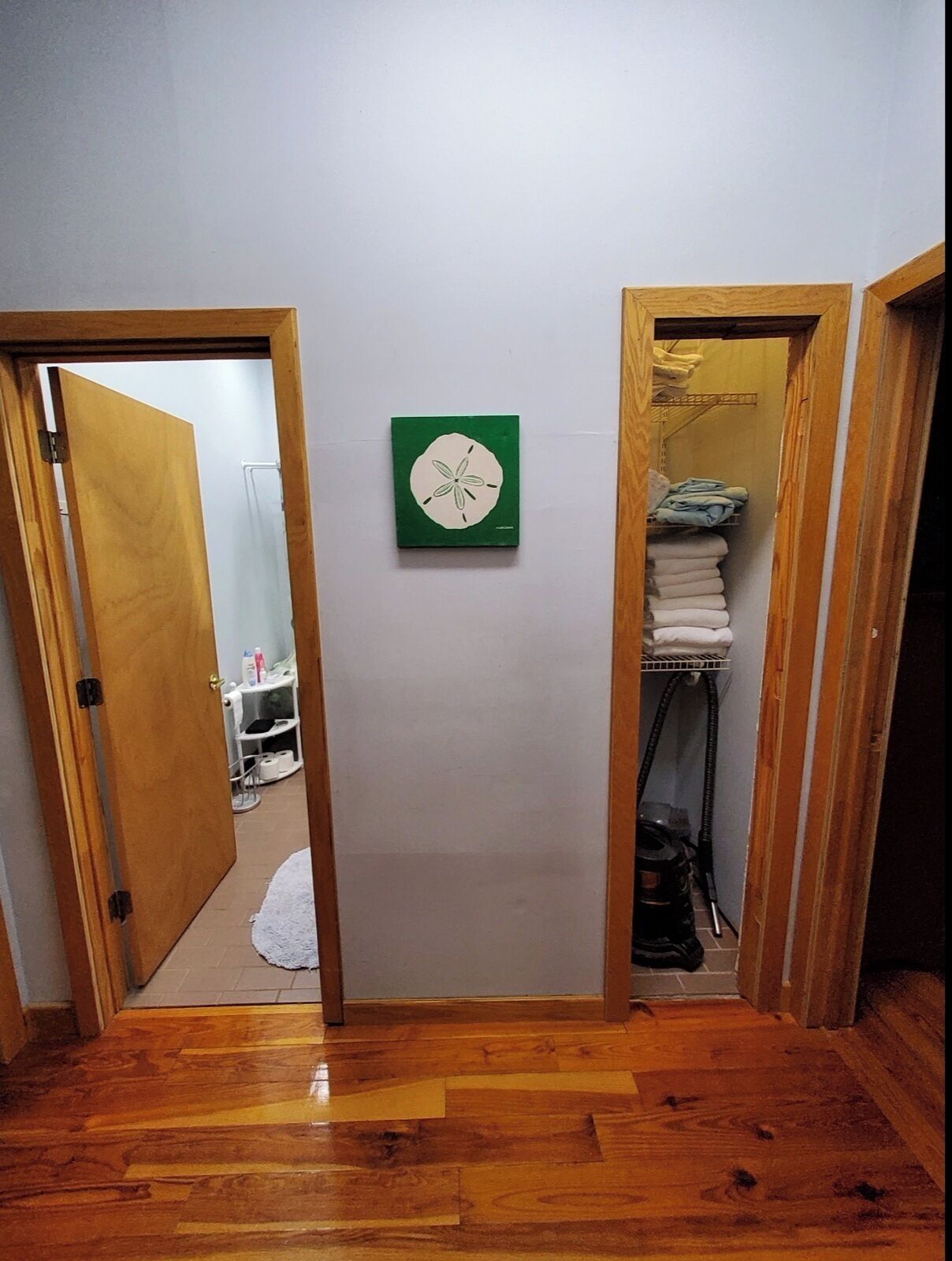 A hallway with wooden flooring, a green wall clock, and a closet with folded clothes.