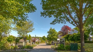 A tree-lined street with a building labeled 'Het Hart van Drenthe.' - Dunnock I Home with Fireplace in Surrounding Garden (Zwiggelte)