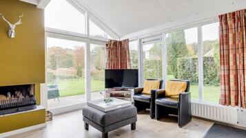 Een televisie, een open haard en een stereo