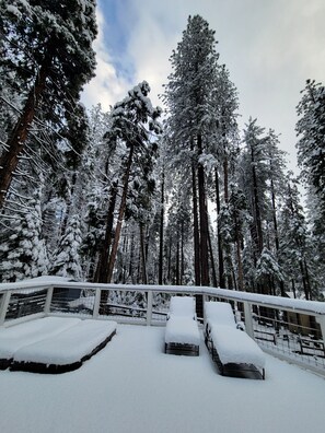 Bosque nevado con una terraza de madera y sillones de descanso.