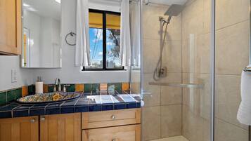 Hair dryer, towels, soap, shampoo
