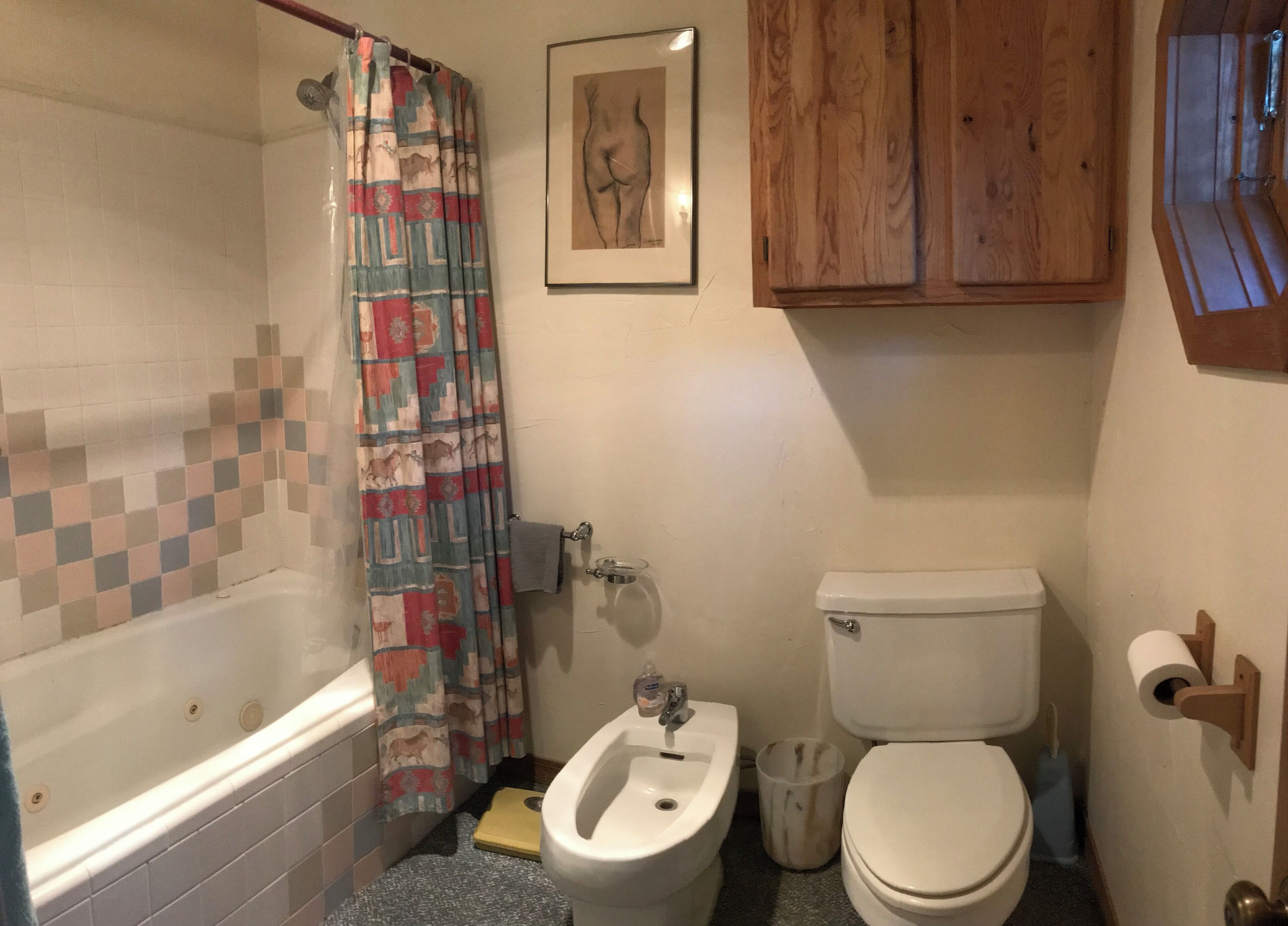 A bathroom with a shower, toilet, bidet, and a wooden cabinet.
