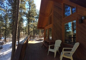 Terrace/patio - Custombuilt, Stylish Hillside 2-bdrm home.Views,pines, privacy, 3 miles to town. (Pagosa Springs)