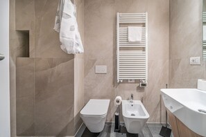 Shower, hair dryer, bidet, towels