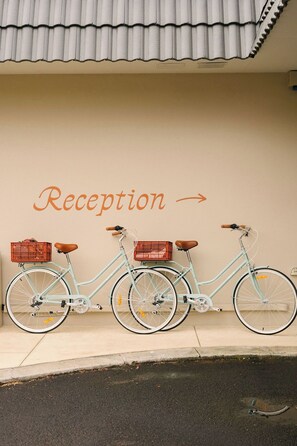 A light blue bicycle with brown seats and baskets, parked against a wall with the word "Reception" and an arrow pointing to the right.