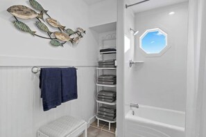Shower, hair dryer, shampoo