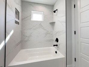 Shower, hair dryer, shampoo