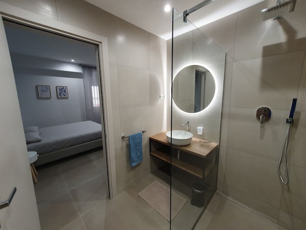 Regadera, secadora de cabello, bidet, toallas 