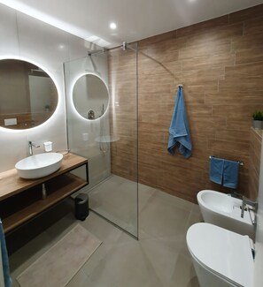 Hair dryer, bidet, soap, toilet paper