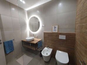 Regadera, secadora de cabello, bidet, toallas 