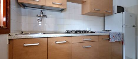 A kitchen with wooden cabinets, a stainless steel sink, a gas stove, and a white refrigerator.