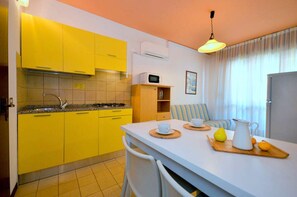 Fridge, microwave, stovetop, cookware/dishes/utensils