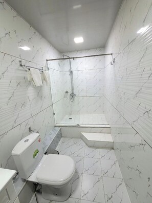 Separate tub and shower, hair dryer, towels, soap