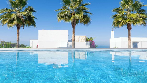 Une piscine aux eaux cristallines, bordée de trois palmiers, avec un bâtiment blanc en arrière-plan.