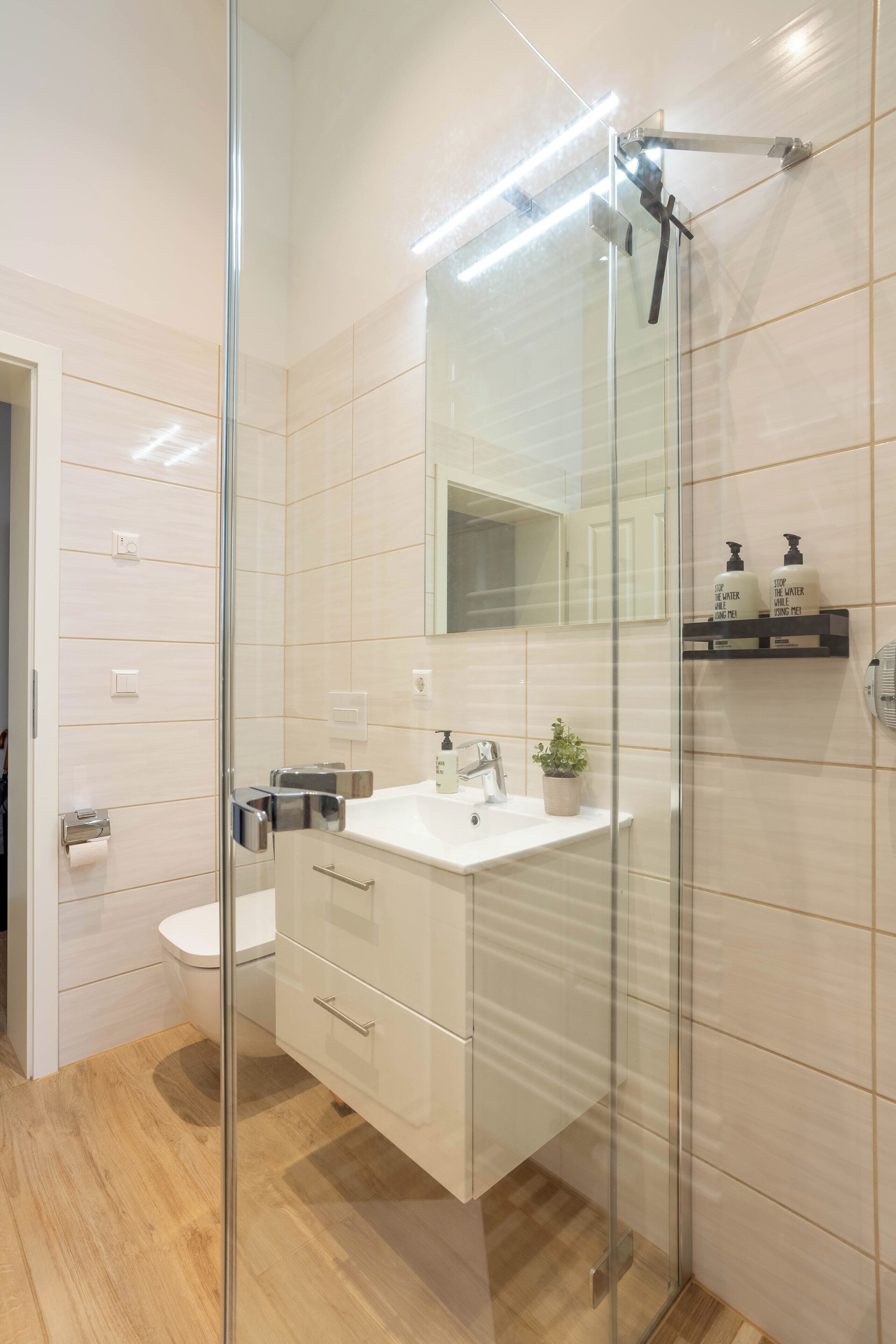 A modern bathroom with a glass shower enclosure, a white sink, and a mirror above it.