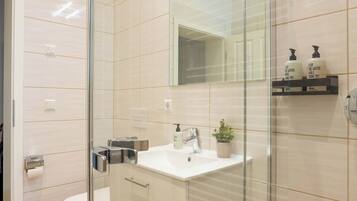 A modern bathroom with a glass shower enclosure, a white sink, and a mirror above it.