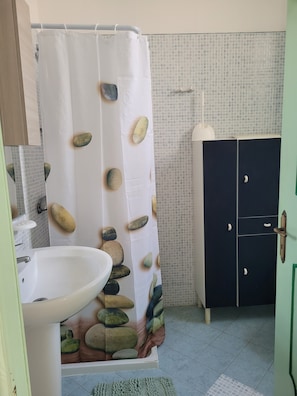 Regadera, secadora de cabello, bidet, papel de baño 
