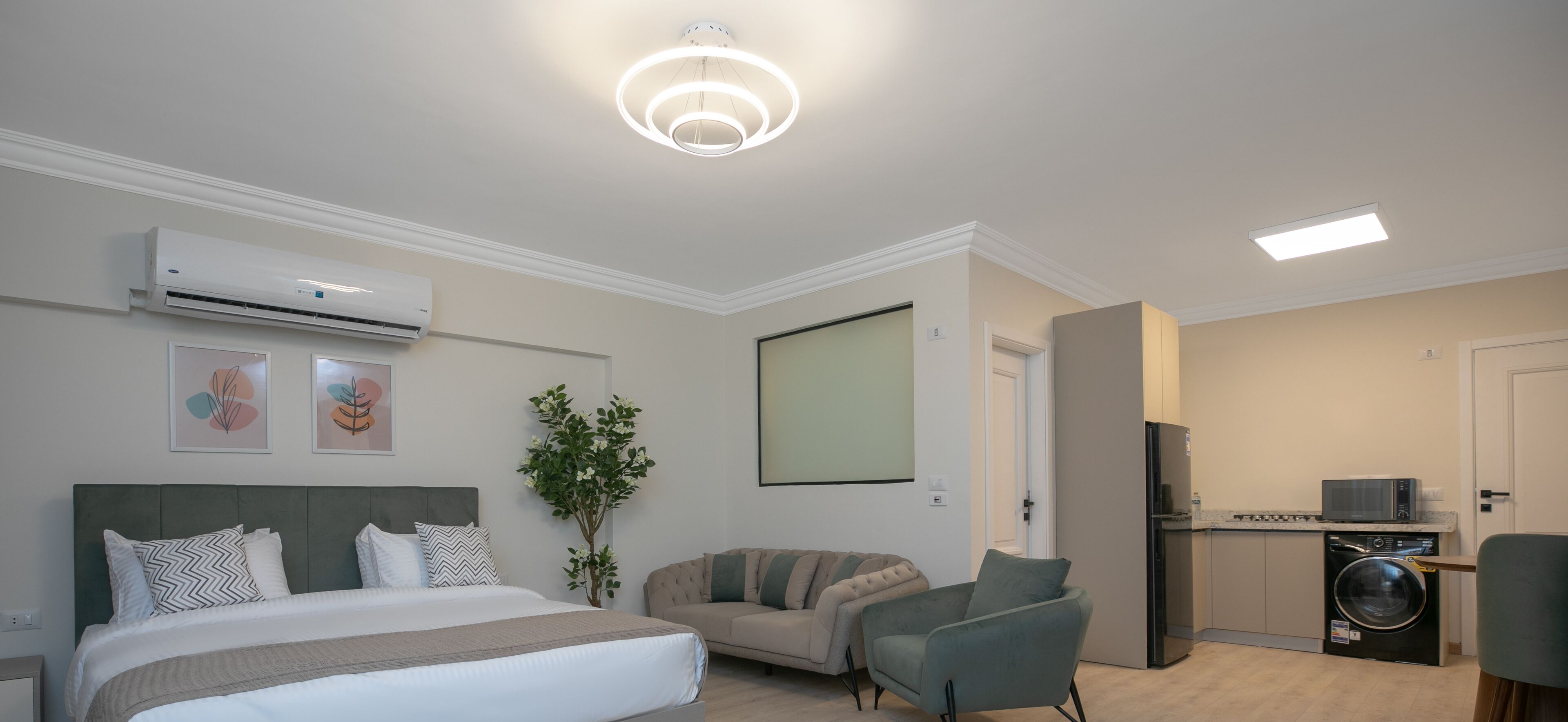 Ein modernes Schlafzimmer mit einem Bett, einem Sofa, einem Sessel, einer Pflanze und einer Küchenzeile mit einer Waschmaschine.