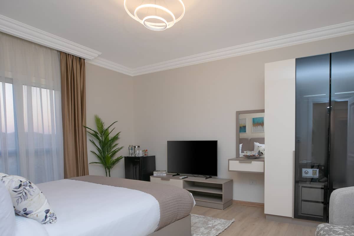 A modern hotel room with a large bed, a TV, a desk, and a wardrobe.