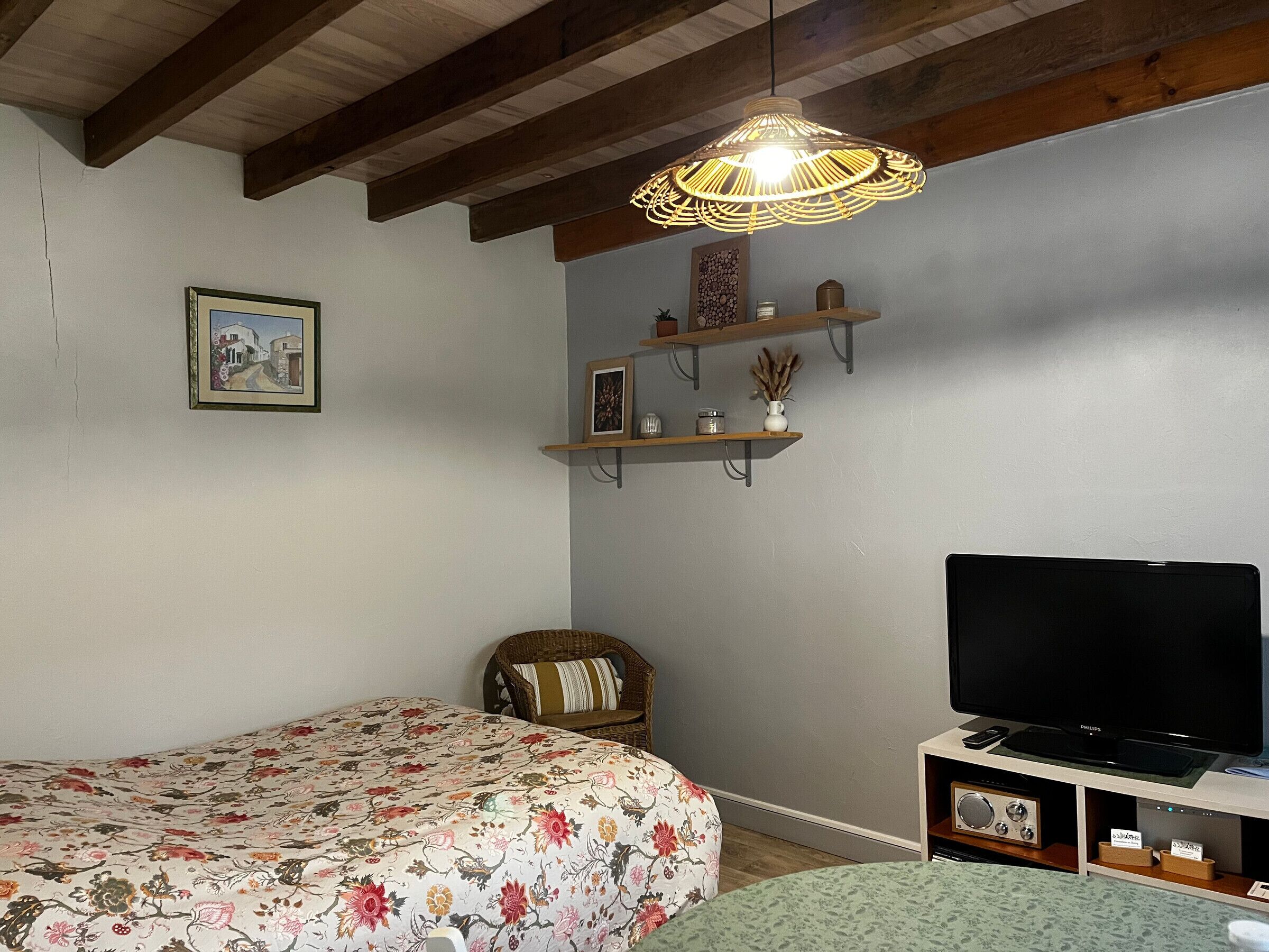 Ein Schlafzimmer mit einem Bett, einem Fernseher, einer Ablage mit Dekoration und einer Pendelleuchte.