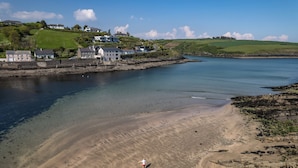 A coastal area with a sandy beach, a person walking, and houses in the background.
