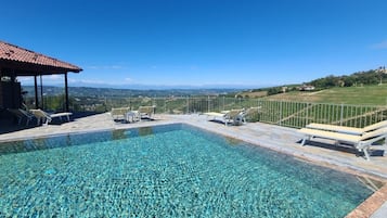 Seasonal outdoor pool, open 10:00 AM to 7:00 PM, pool umbrellas